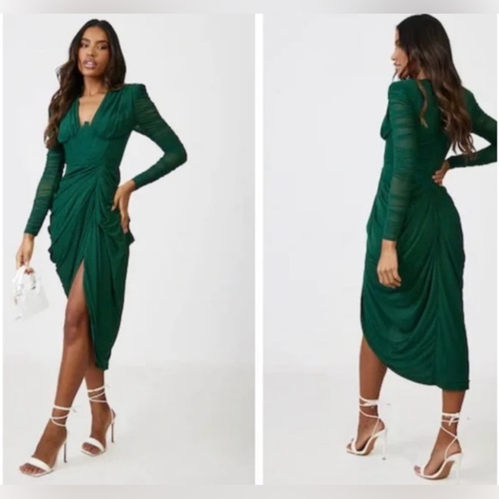 NWOT Pretty Little Thing Long Sleeve Green Ruched midi Dress size 10